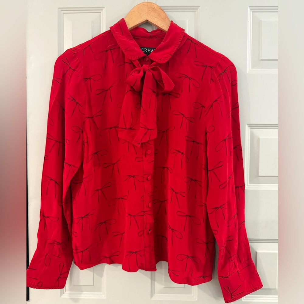 J CREW Red Bow Print Button Up Shirt Removable Neck Tie Crepe de Chine Blouse - Picture 3 of 7